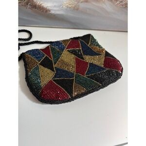 Vintage Beaded Geometric Patchwork Evening Bag Black Gold Red Crossbody Clutch